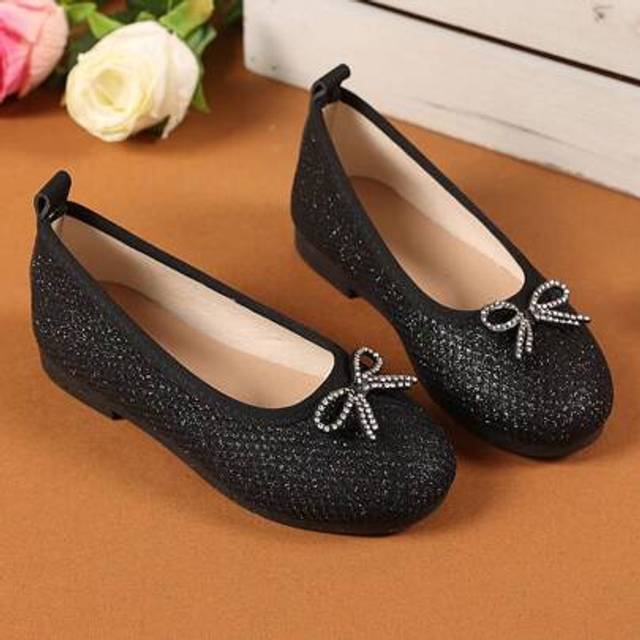 SHEIN 1 Pair Black Glitter Fabric Ballet Flats For Toddler Girls, Butterfly Decor, Slip-On Round Toe Soft Sole, Comfortable And Fashionable Princess Shoes,