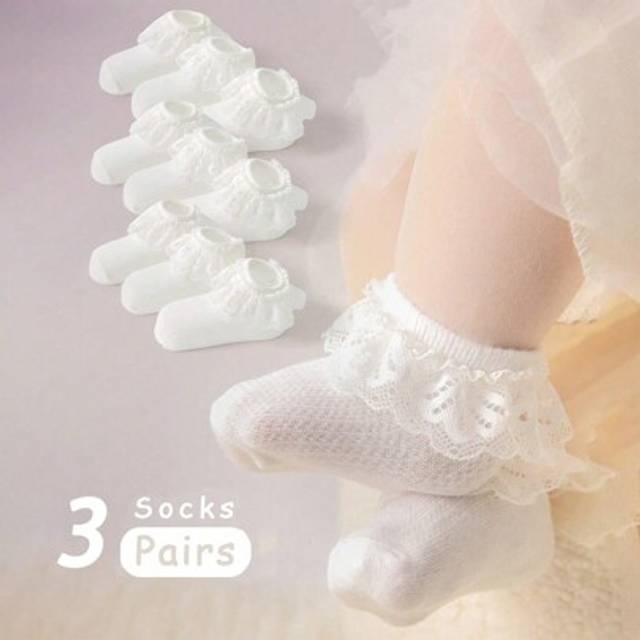 SHEIN 3 Pairs Baby Girls Solid Color Mesh Lace Trim Socks, Skin-Friendly Soft Comfortable Fashion Princess Ruffle Socks, Suitable For Daily Wear, Holiday Gi