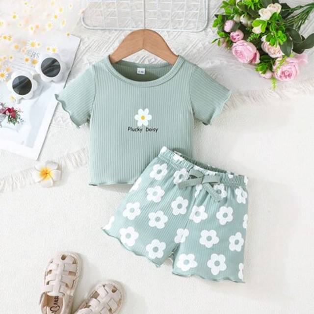SHEIN 2pcs/Set Baby Girls Floral Print Casual Top Matching All-Over Tiny Flower Pants Set