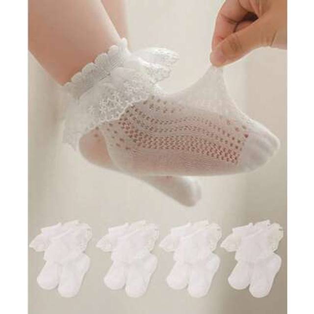 SHEIN 4 - Pack Baby Socks For 0 - 3Y- Princess - Style Socks With Large Lace Frills And Petal Edges, Ideal For Newborns And Toddlers