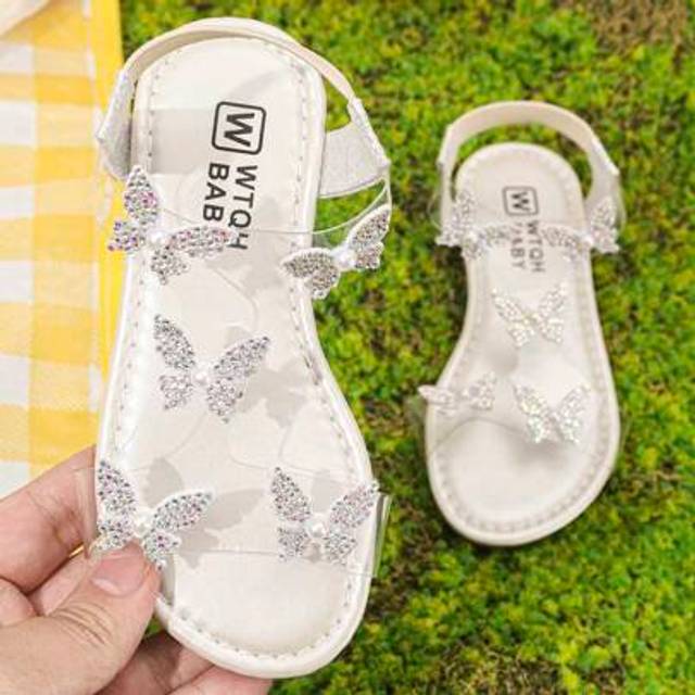 SHEIN 1 Pair Children Summer New PVC Material Girls Fashion Cute Sandals,Non-Slip Textured Transparent Strap Design Flat Round Toe Rhinestone Butterfly Deco