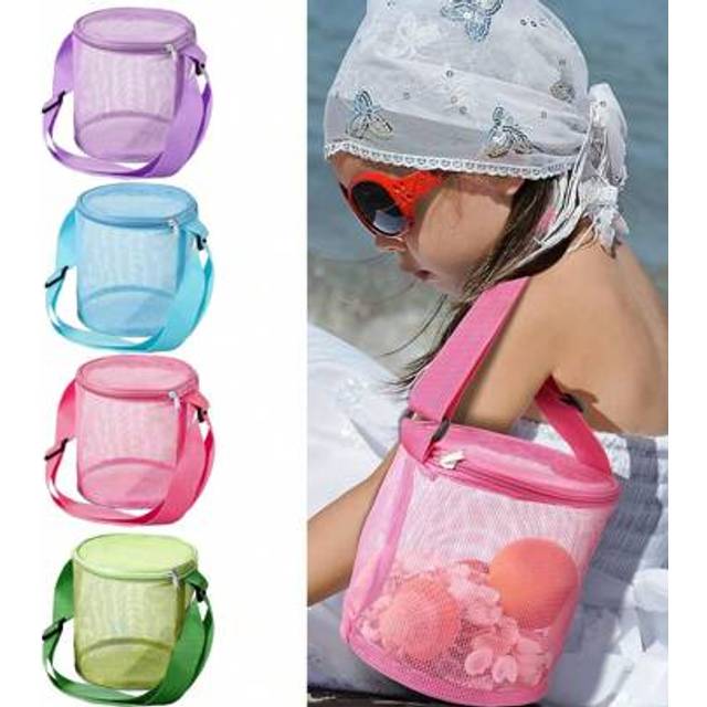 SHEIN Cylindrical Mesh Tote Shell Bags, Large Capacity Sand Beach Toys Storage Bag Adjustable Carrying Straps And Zippered Summer Beach Bag For Boys Girls,R