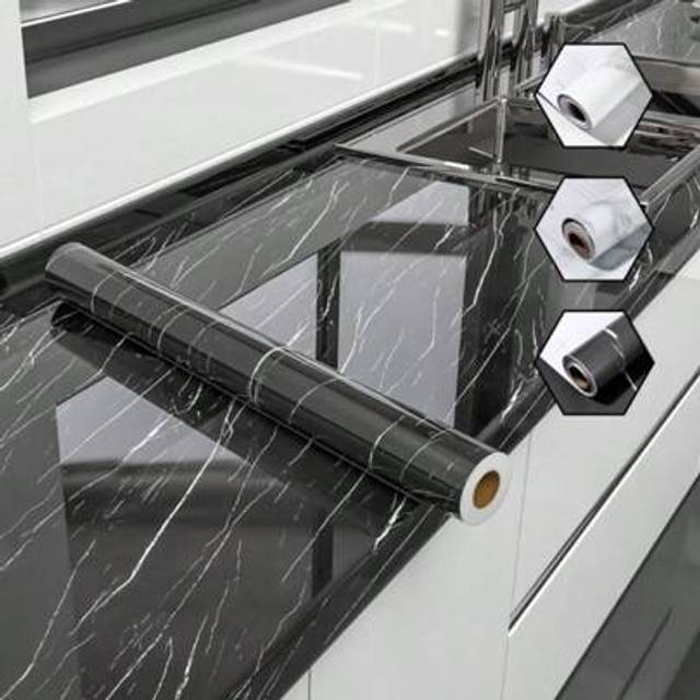 SHEIN 10m Kitchen Tile Roll Stickers Self-Adhesive Bathroom Marble Sticker Wall Home Room Bedroom Table Desk Decor