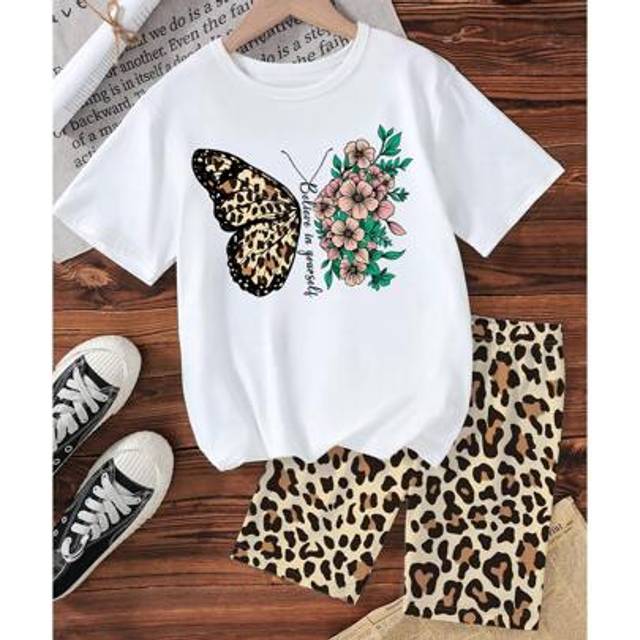 SHEIN 2pcs/Set Tween Girl Leopard Bow Floral Print Casual Round Neck Short Sleeve T-Shirt And Leopard Print Tight Shorts, Comfortable Casual Wear For Summer