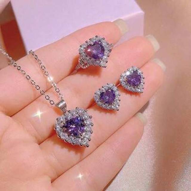 SHEIN 4pcs/Set Elegant Purple Heart Rhinestone Necklace, Ring, Earrings Jewelry Set, Suitable For Daily Wear, An Ideal Valentine&#39;s Day Gift,Mom,Mother,Mothe