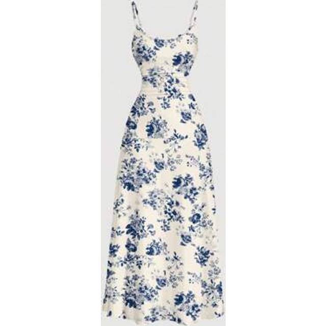 SHEIN Blue & White Floral Casual & Simple Ruched Waist Flowy Maxi Slip Dress,Dresses For Women Summer