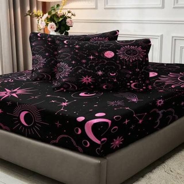 SHEIN 3pcs Galaxy Space Black Base Pink Sun Moon Mysterious Zodiac Digital Print Bedding Set (1pc Bed Sheet + 2pcs Pillowcases, No Filler), Polyester Soft A