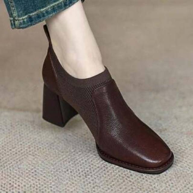 SHEIN 2025 Spring & Autumn New Style Soft PU Slip-On-In Chunky Heel Elastic Knit Patchwork Square Toe Women Ankle Boots High Heeled Ladies Brown Casual Mini