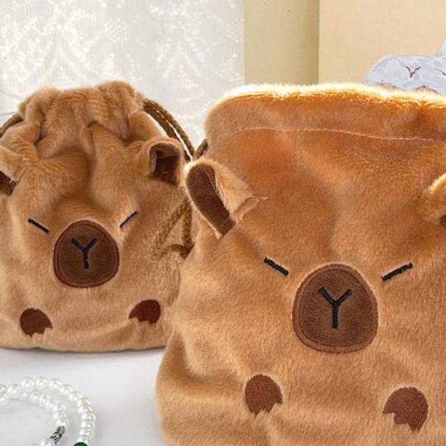 SHEIN 1pc Cute Plush Capybara Drawstring Pouch, Travel Makeup Cosmetic Organizer Bag, (Excluding Decorative Items)