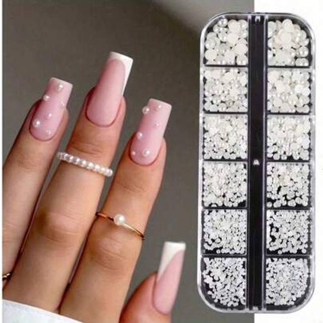 SHEIN Half Round Pearls Beads 3D Nail Charms White Flatback Pearls Nail Jewelry Nail Craft Pearl Rhinestones Manicure Accessories