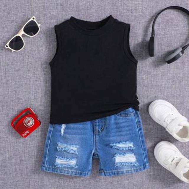 SHEIN Baby Boy Spring Summer Solid Tank Top With Ripped Baggy Denim Jeans Shorts Set,Baby Boy Summer Clothes Set Outfits