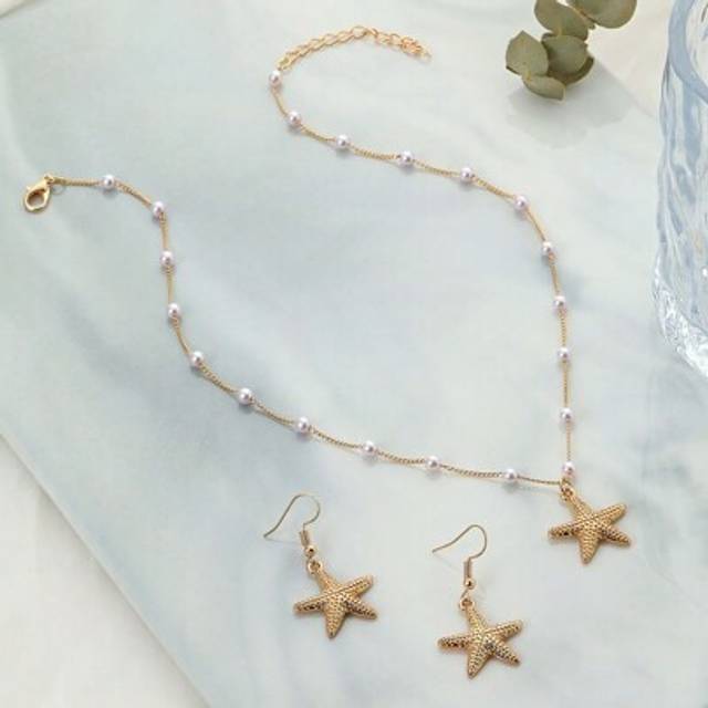 SHEIN Gold Colored Starfish Necklace & Earrings Set(Handmade Chain Cut To Size, Variable Number Of Pearls, Variable Size Of Rhinestones)