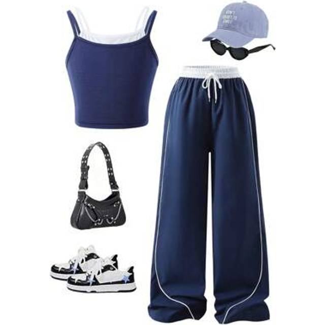 SHEIN Teen Girls Streetwear Casual All-Match Matching Activewear 2 Pieces Set: Tank Top + Loose Contrast Side Pants