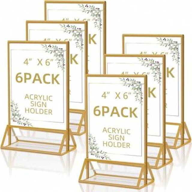 SHEIN 1pc/6pcs 10*15cm Gold Framed Acrylic Signage Holder With Vertical Stand, Double-Sided Clear Photo Frame Suitable For Wedding Table Numbers, Family Gat