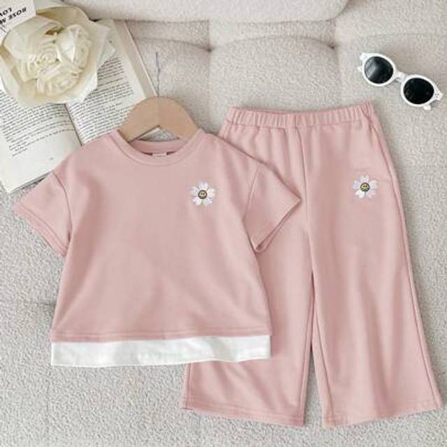 SHEIN Baby Girl Spring/Summer Cute Purple Floral Pattern 2 In 1 Short Sleeve T-Shirt And Elastic Waist Pants Set