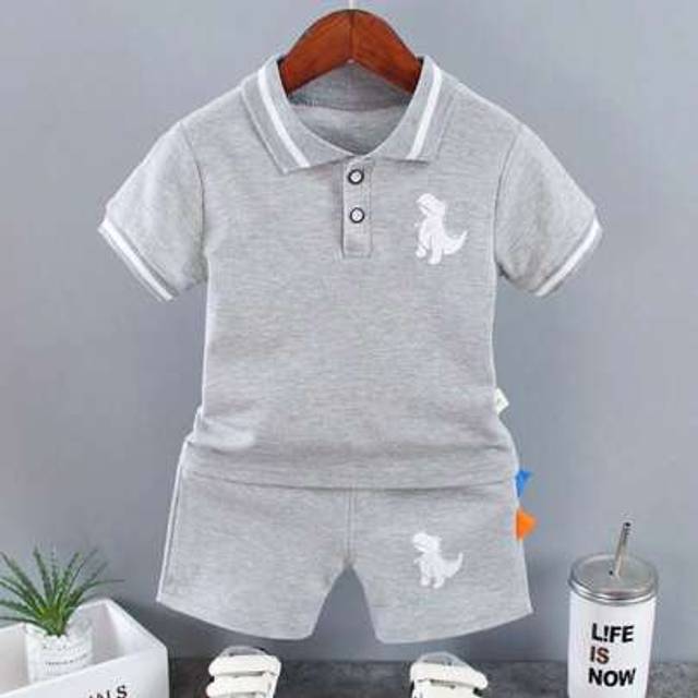 SHEIN Infant Baby Boy Sets Summer Clothing Casual Sport Suit Short-Sleeved POLO Shirt + Shorts 2Pcs Set Kids Grey Dinosaur Print Tracksuit Boy&#39;s Suit
