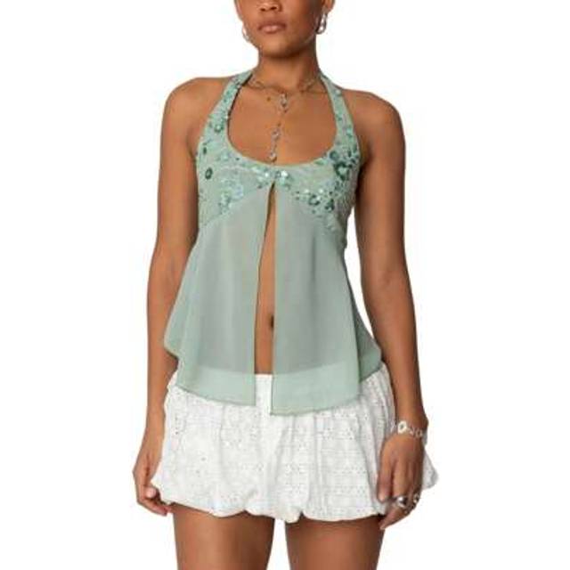 SHEIN Women Split Mesh Patchwork Halter Top Y2K Sequin Sparkly Sleeveless Deep V Neck Cami Crop Tops Glitter Rhinestone Sexy Backless Camisole Tank Tops Sum