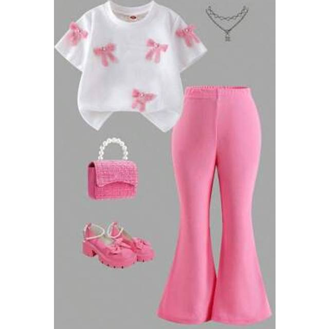 SHEIN Young Girl&#39; Sweet Cute Waffle Knit Top And Flare Pants 2pcs Outfit, Perfect For Spring/Autumn Trips