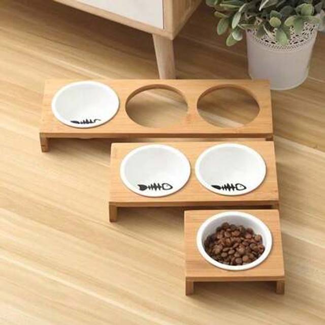 SHEIN Ceramic Cat Bowls With Wood Stand - Elevated Triple Feeder For Cats And Puppies