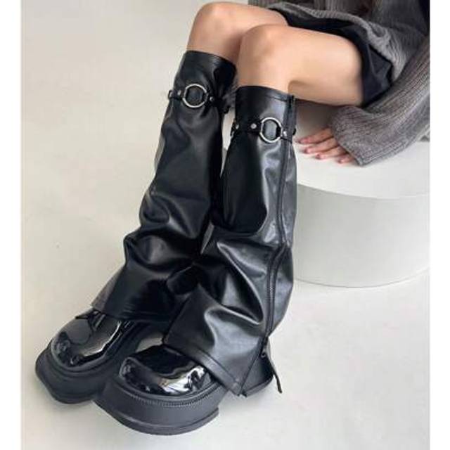 SHEIN 1 Pair Y2K Girl Decor Punk Rock Style Leg Warmers With Side Zipper, Faux Leather, Personalized Short Leg Warmers For Autumn & Winter