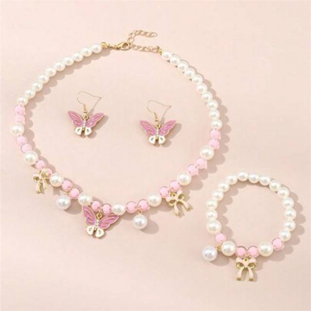 SHEIN 4pcs Princess Style Children&#39;s Jewelry Set - Butterfly Pendant, Earrings, Faux Pearl Necklace & Bracelet