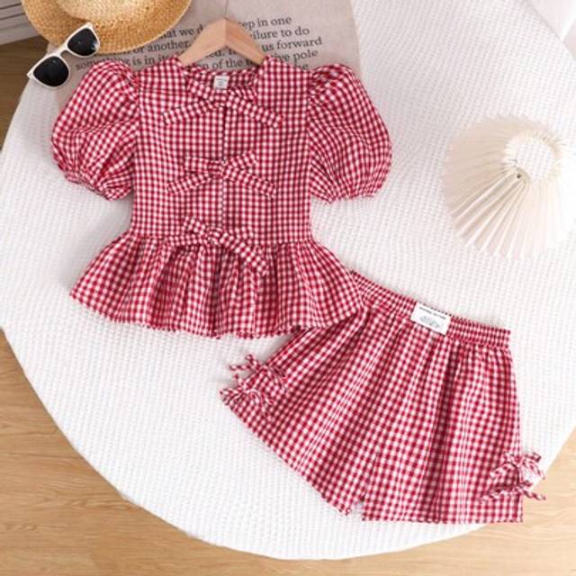 SHEIN 2pcs/Set Tween Girls Casual Plaid Round Neck Sleeveless Bowknot Back Vest And Shorts Co-Ord Set