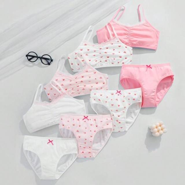SHEIN 8pcs/Set Tween Girls Ditsy Floral Lace Trim Camisole And Panties Underwear Set, Full Print White And Pink,Summer Travel