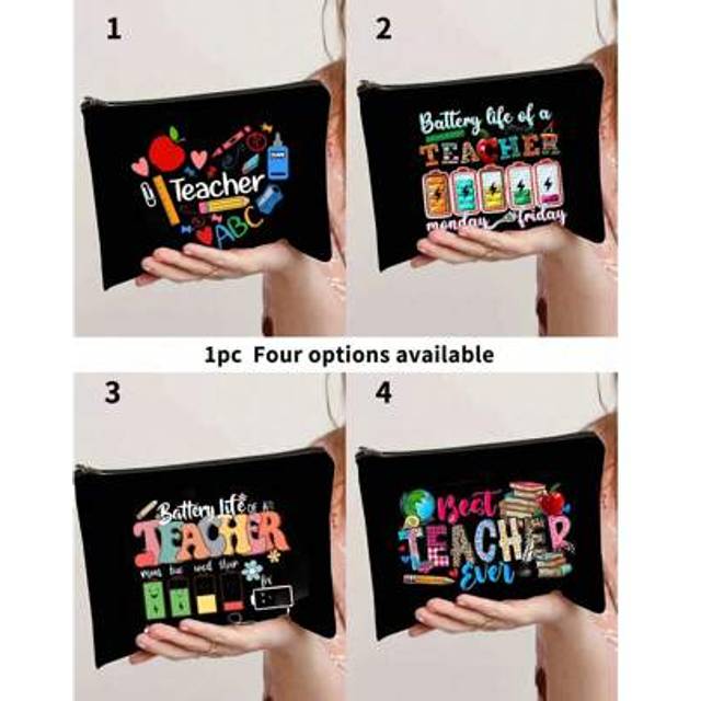 SHEIN Teacher Appreciation Gift Cosmetic Bag, Printed With The Word &#34;Teacher&#34;, 4 Styles Available, Black Linen Coin Purse, Cosmetic Bag, Toiletry Bag, Lined