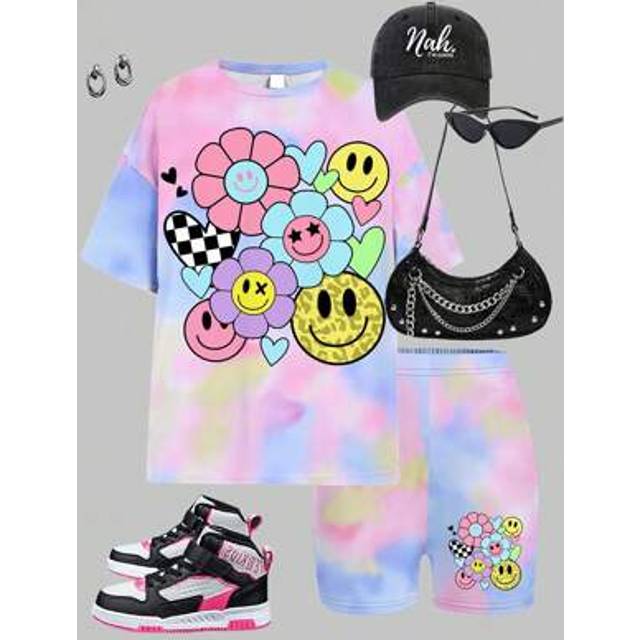SHEIN 2pcs Set: Tie Dye Floral Print, Heart, Leopard Pattern Teen Girl Casual Loose Short Sleeve T-Shirt And Leggings, Suitable For Summer