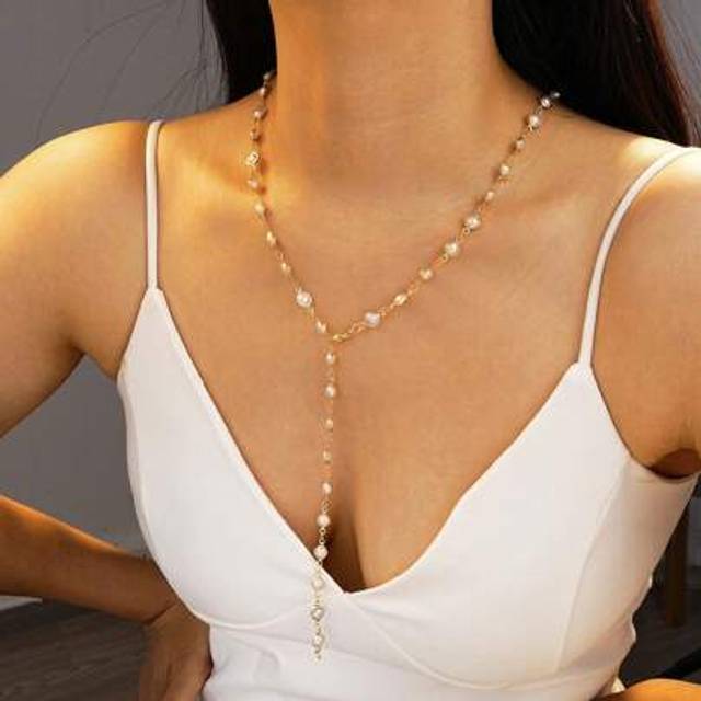 SHEIN 1pc Gold-Color Y-Shape Necklace With Faux Pearl For Party, Annual Meeting, Vacation Decorative Accessory