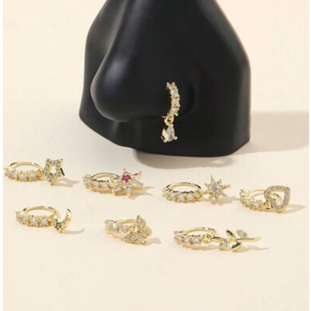 SHEIN 8Pcs/Set Dangle Nose Rings Hoop Butterfly Heart Moon Flower Cross Star CZ Cartilage Earring Dangling Nose Body Piercing Jewelry 20G Valentines,Mom,Mot