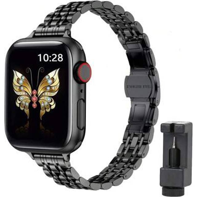 SHEIN 1pc Black New Narrow Waist Thin Design Ultra-Thin Lightweight Premium Luxury Smooth Surface Black Adjustable 7-Bead Stainless Steel Metal Watch Bands