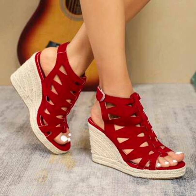 SHEIN Women&#39;s Rose Red Chunky Block Heel & Platform, Laser Cutout Open Toe Wedge Sandals With Rope Sole