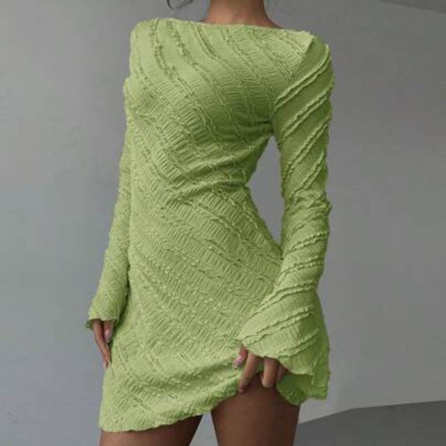 Aloruh Knit Jacquard Open Back Tie Strap Mini Dress,Mint Green Dress