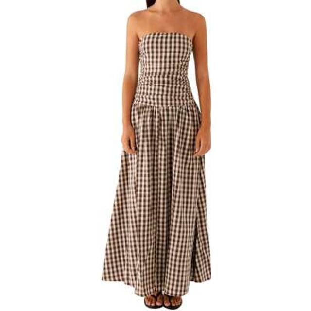 SHEIN Women Long Tube Top Dress Ruched Boat Neck Backless Sleeveless Strapless Flowy Dresses