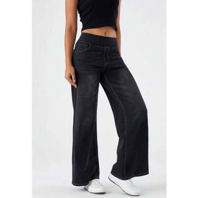 SHEIN Pull On Wide Leg Jeans For Women, High Waisted Stretchy Baggy Tummy Control Straight Leg Jeans Denim Pants