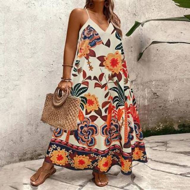 SHEIN Plus Size Women Floral Print Loose Sleeveless Dress, For Casual, Commuting, Holiday Wearing In Summer