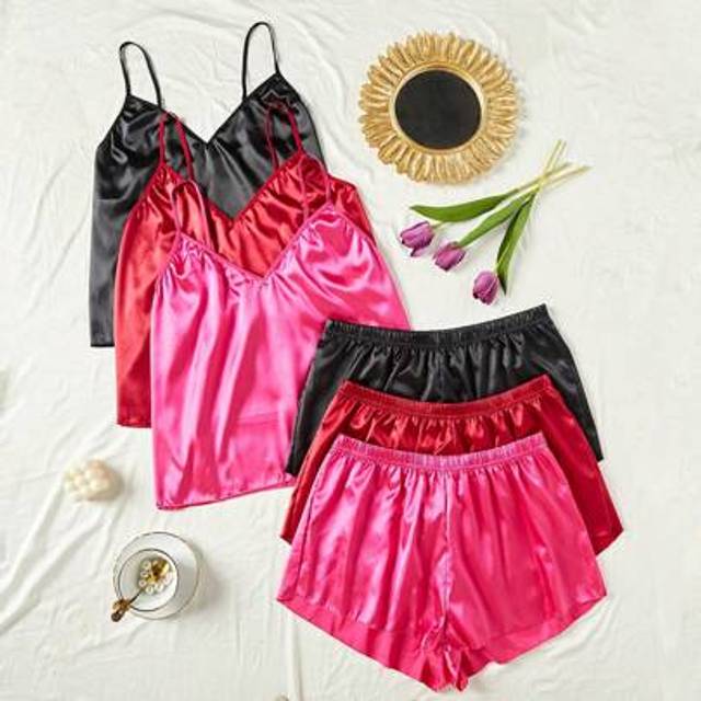SHEIN Plus Size 3 Sets Solid Color Satin Pajamas Set