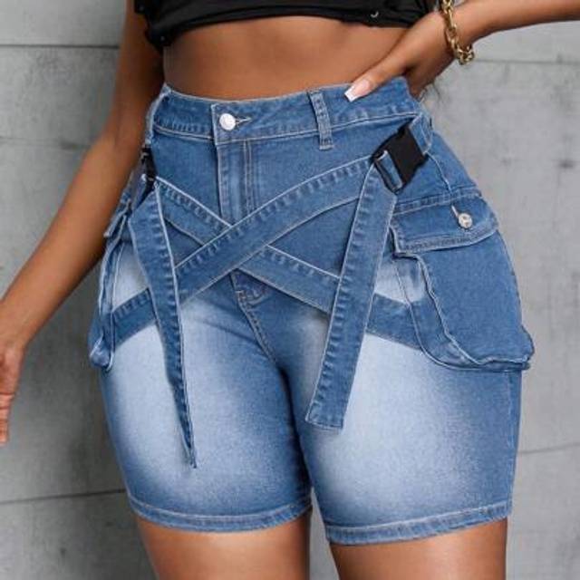 SHEIN Plus Size Women Elastic Cargo Denim Shorts, Stretchy Skinny 5-Pocket Jean Shorts  Jean Shorts For Women Summer Shorts Summer Outfits For Women Festiva