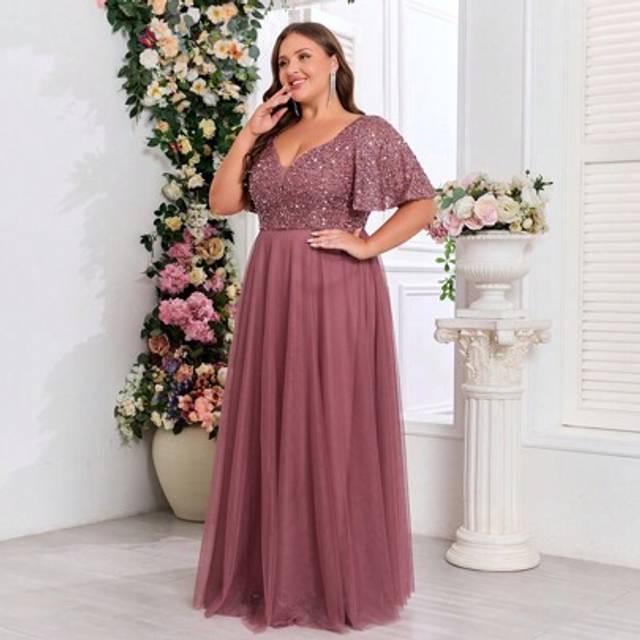 SHEIN Women Plus Size V-Neck Ruffled Sleeve Sequined Mesh Women Evening Dress, Formal Ball Gown, For Wedding Guest, Graduation, Dinner, Party Dress