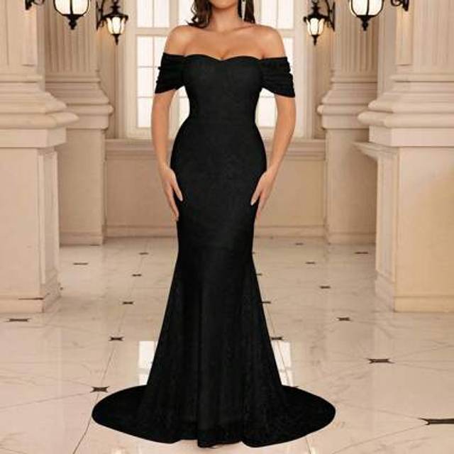 SHEIN Lace Floral Mermaid Hem Off-The-Shoulder Wedding Dress, For Bride