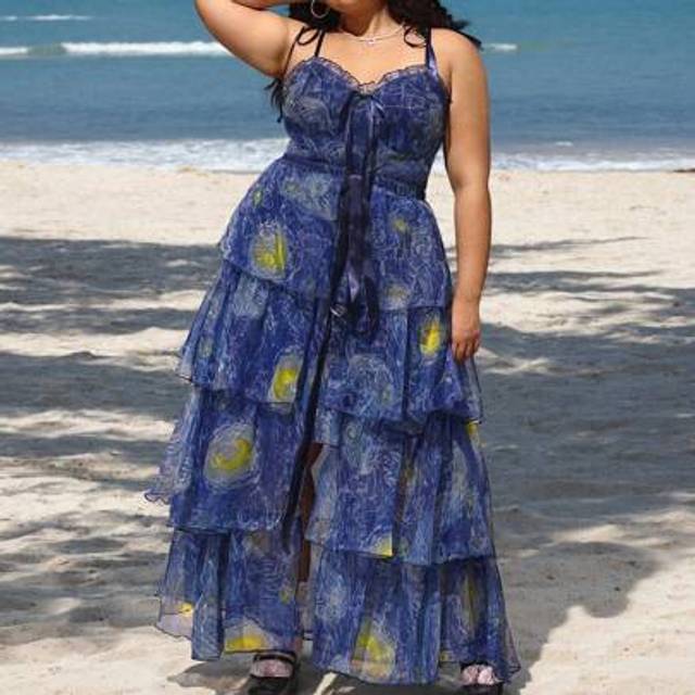 SHEIN Plus Size Vintage Palace Style Navy Blue Van Gogh Starry Sky Print Elegant Dress, Suitable For Balls, Parties, Weddings, Dress Set Graduation Dress/ G