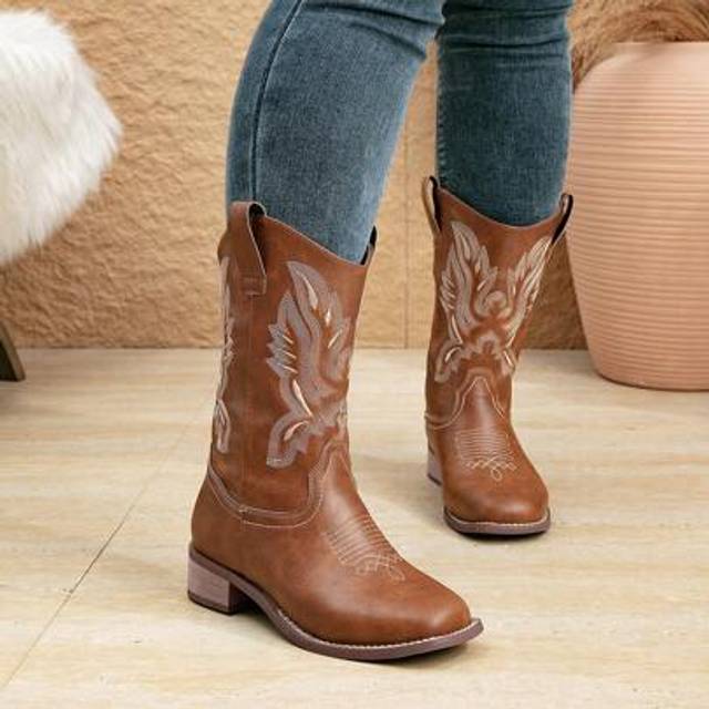 SHEIN Women&#39;s Thick Heel Slip-On Embroidered Brown Western Ankle Booties, Go With Sweater Square Toe Mid-Calf Fashion Cowboy Boots, New Autumn Winter Short