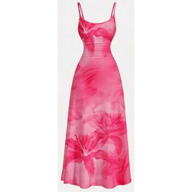 SHEIN Casual Minimalist Full Coverage Floral Print Ruched Waist Flowy Hem Maxi Slip Dress, Suitable For Summer,Summer Dresses For Women