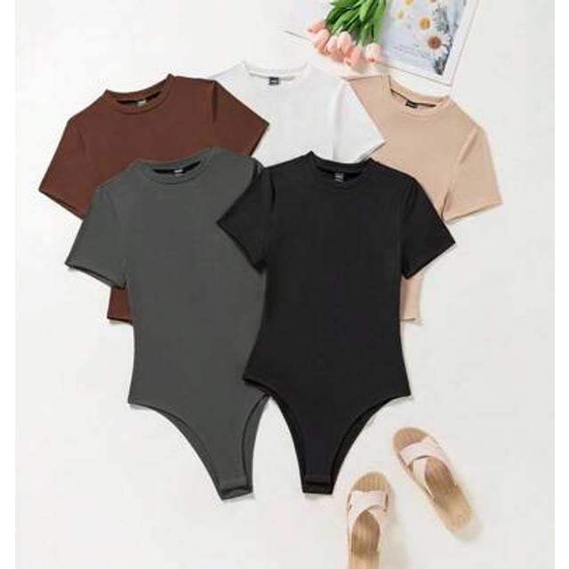 INAWLY Plus Size Casual Solid Color Short Sleeve Bodysuit