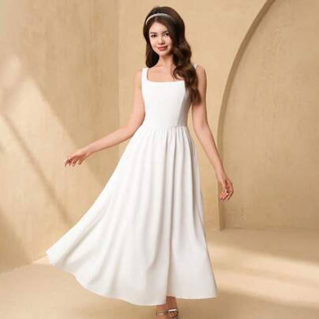 SHEIN Flower Girl & Teen Girl Simple Spaghetti Strap Square Neck Waist Fitted A-Line Mid-Length Party Dress, Suitable For Wedding, Performance, Birthday Eve