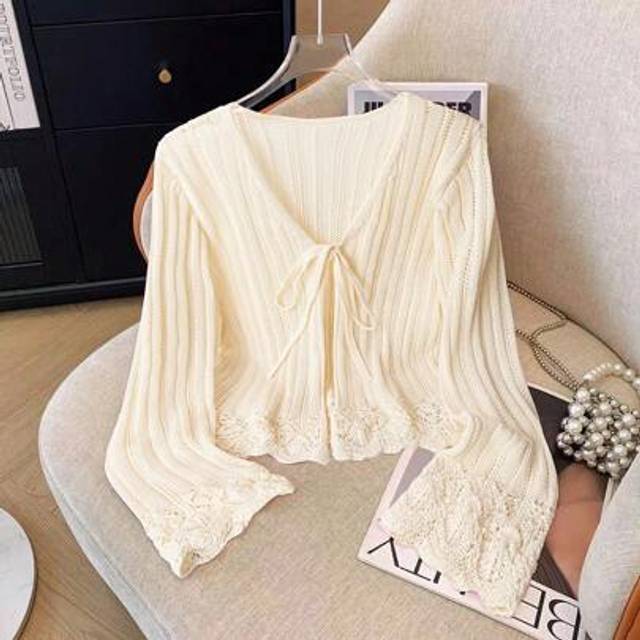 Franclia Women&#39;s Minimalist Solid Color Thin Hollow Out Knitted Cardigan With Front Tie