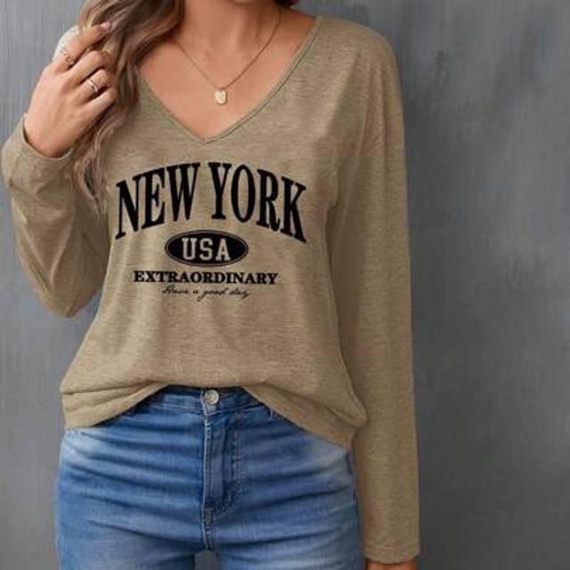 SHEIN New York Slogan Letter Print Relaxed V-Neck Long Sleeve T-Shirt For Women, Suitable For Autumn/Winter