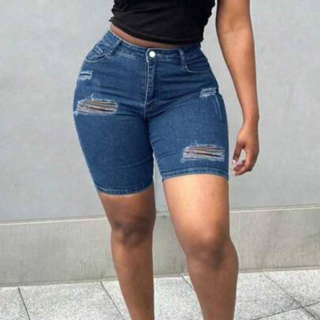 SHEIN Women&#39;s Summer Casual Whisker Embellished Stretchy Skinny Ripped Denim Shorts Curve Vacation Beach Denim Short Concert Festival Cowgirl