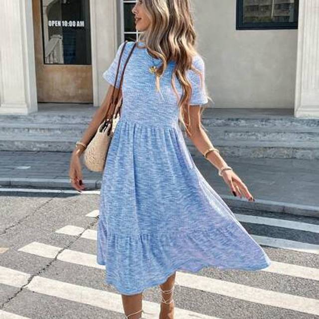 Luneh Casual Women&#39;s Waffle Knit Comfortable Mid-Calf Sweater Dress